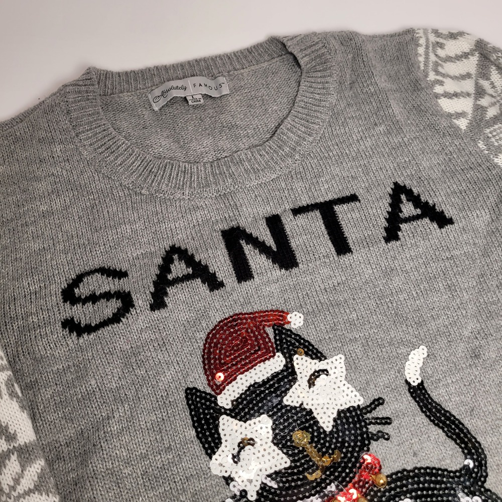 Absolutely Famous Santa Claws Cat Sweater W Large Gray Sequin Ugly Christmas